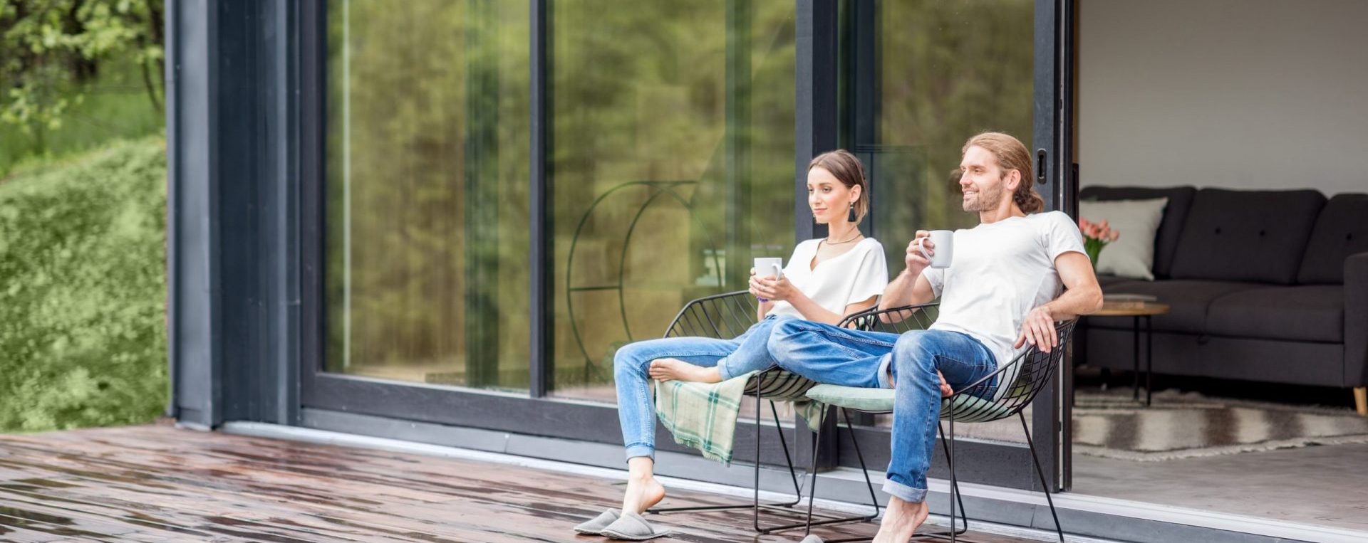 Couple on the terrace of the modern house